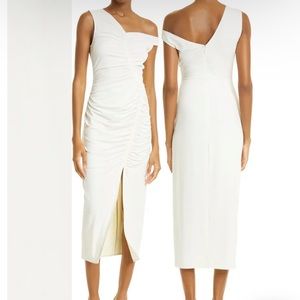 NEW Self-Portrait white midi dress asymmetric jersey gathered 6